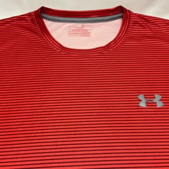 Under Armour Heatgear Loose Fit Mens Large Red Gray Stripe Short Sleeve Tech Tee - Picture 11 of 11